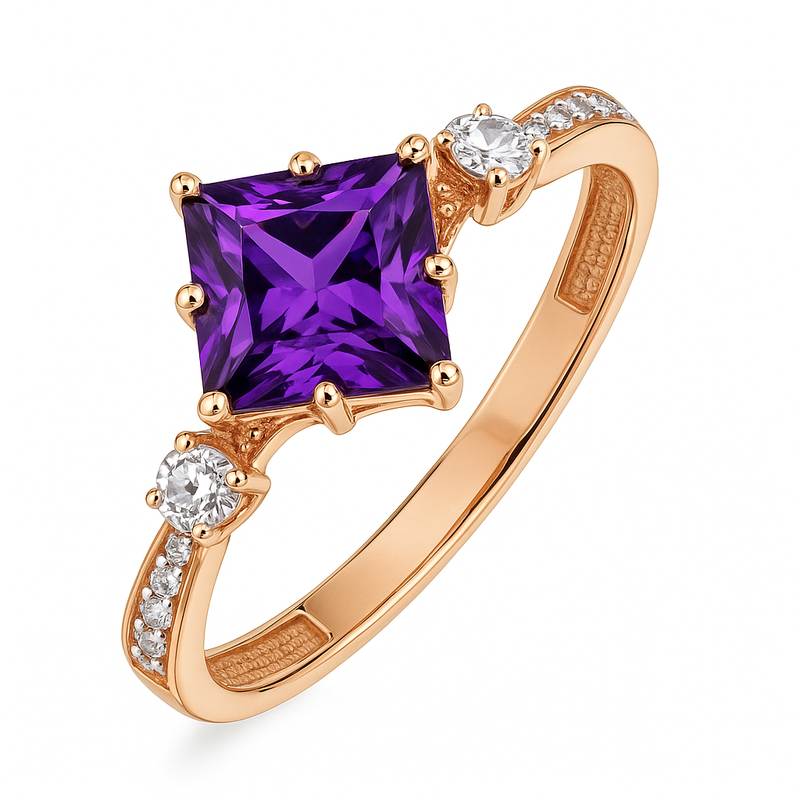 Кольцо из красного золота 585 пробы с аметистом и фианитами